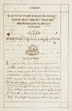 Interessante manoscritto probabilmente di mano di Gregorio Caronica, archietto romano allievo di Della Porta, al quale si attribuisce un'opera intitolata L'Epische. Nelle prime 64 pp. si trovano un Discorso ai lettori e una breve storia delle opere di alcuni architetti italiani del secolo XVI: Bramante, Peruzzi, Nanni di Baccio Bigio, Guidetto Fiorentino, Tiberio Calcagni, Sangallo, Michelangelo, Vignola, Giacomo della Porta e "delle fabriche moderne"; da p. 65 a p.72  l'origine degli ordini di architettura trattato da Vitruvio; da p. 73 a p.81 le indicazioni su come usare il libro, e la spiegazione di come sono stati riportati gli scritti di Vitruvio nel presente volume; da p.102 il trattato dei 5 ordini di architettura di Caronica - toscano, dorico, ionico, corinzio e composito -  ovvero il proprio metodo e il suo parere su quello di Vitruvio, insieme all'esame e alla misurazione di alcune opere architettoniche.  Trattato delle regole dei 5 ordini dell'architettura con ordini di edifitii antichi misurati
