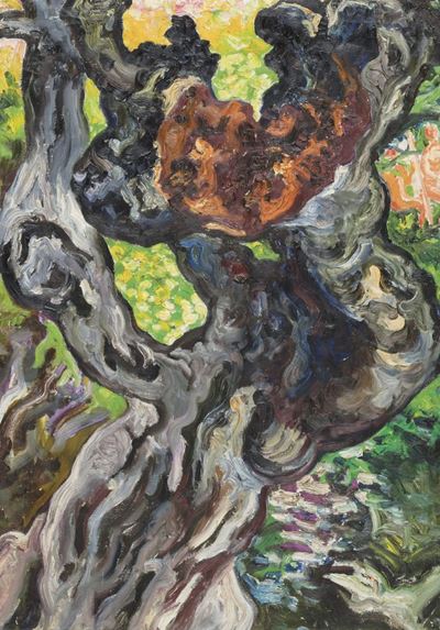 Tronco d'albero - il carrubo dietro la baracca con Guido e Marcella sullo sfondo, 1971, olio su t...