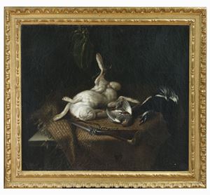 Trofeo di caccia con coniglio e gallo forcello e fucile