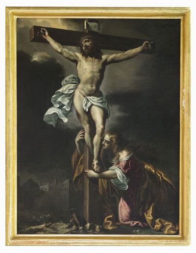 Crocifissione con Maria Maddalena e città sullo sfondo, olio su tela