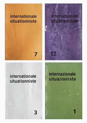 Quattro numeri dei soli 12 numeri pubblicati dal 1958 al 1969,  della rivista "internationale situationniste", diretta da Guy Debord. Si aggiunge nel lotto l'unico numero pubblicato a cura della sezione italiana nel luglio 1969.
Internazionale situazionista rivista della sezione italiana dell'I.S. Numero 1 - luglio 1969, Milano. Illustrazioni in bianco e nero nel testo, brossura verde ed azzurra, sciupata. 
rara plaquette del gruppo scissionista di Strasburgo che anticipa le problematiche del maggio 1968 2 1969 Internationale Situationniste