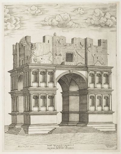 Anonimo, Ian quadrifrontis templum Romae in Foro Boario, incisione in rame, 1550