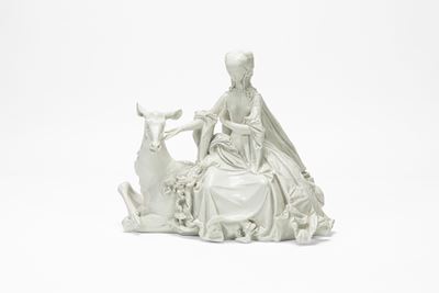 Paul Scheurich (attr.), Dama su cerva, modello Meissen, scultura in porcellana, XX secolo