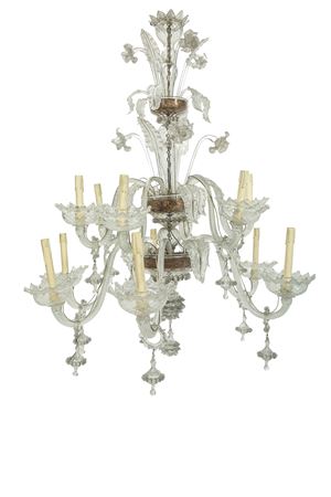 Grande lampadario &ldquo;Ca&rsquo; Rezzonico&rdquo; a dodici luci su tre livelli in vetro di Murano incolore.