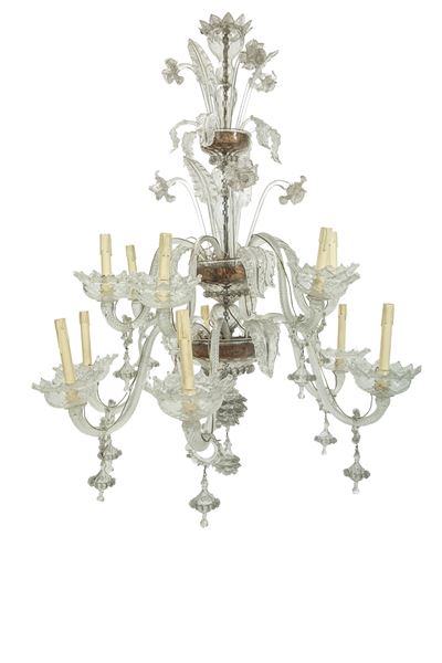 Grande lampadario “Ca’ Rezzonico” a dodici luci, vetro di Murano incolore