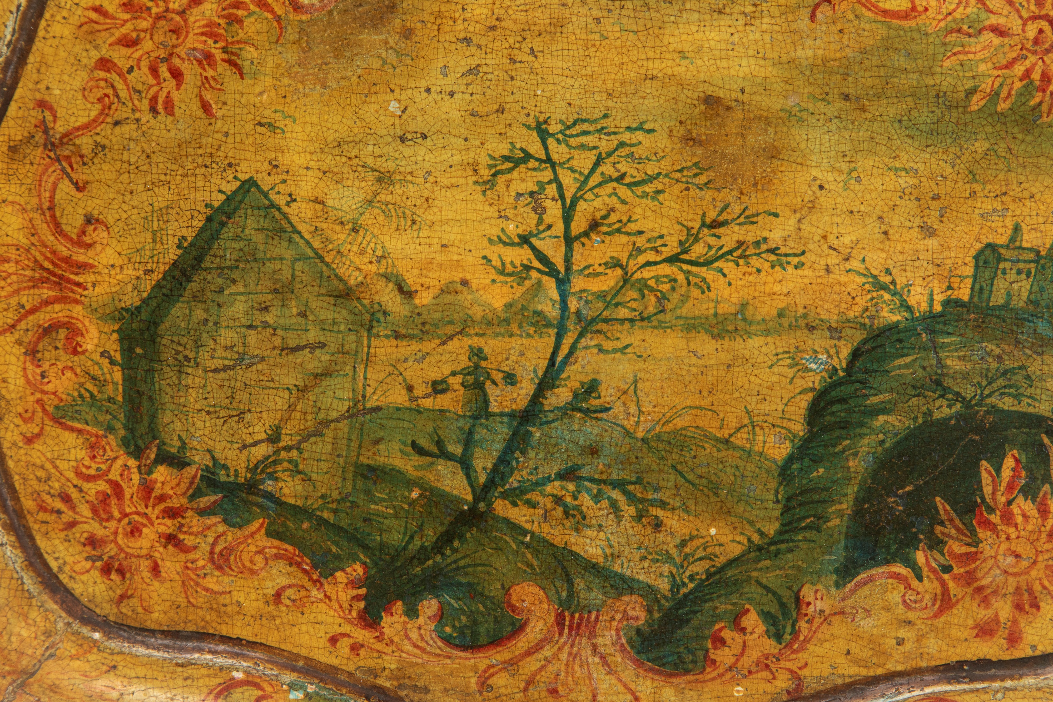 Venezia, vassoio biansato in legno laccato, decorazione a paesaggio e cornice rocaille (secolo XV...