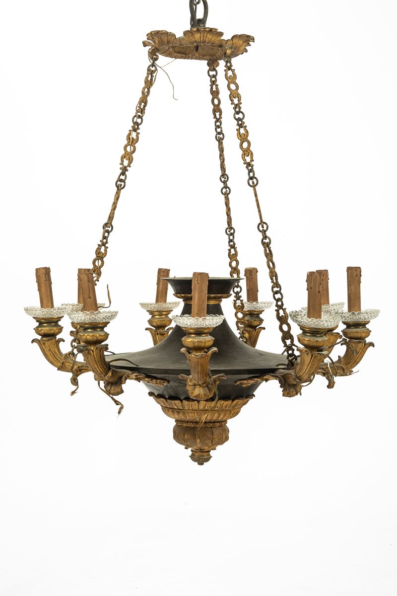 Lampadario a cesto, bronzo patinato e dorato, sec. XIX
