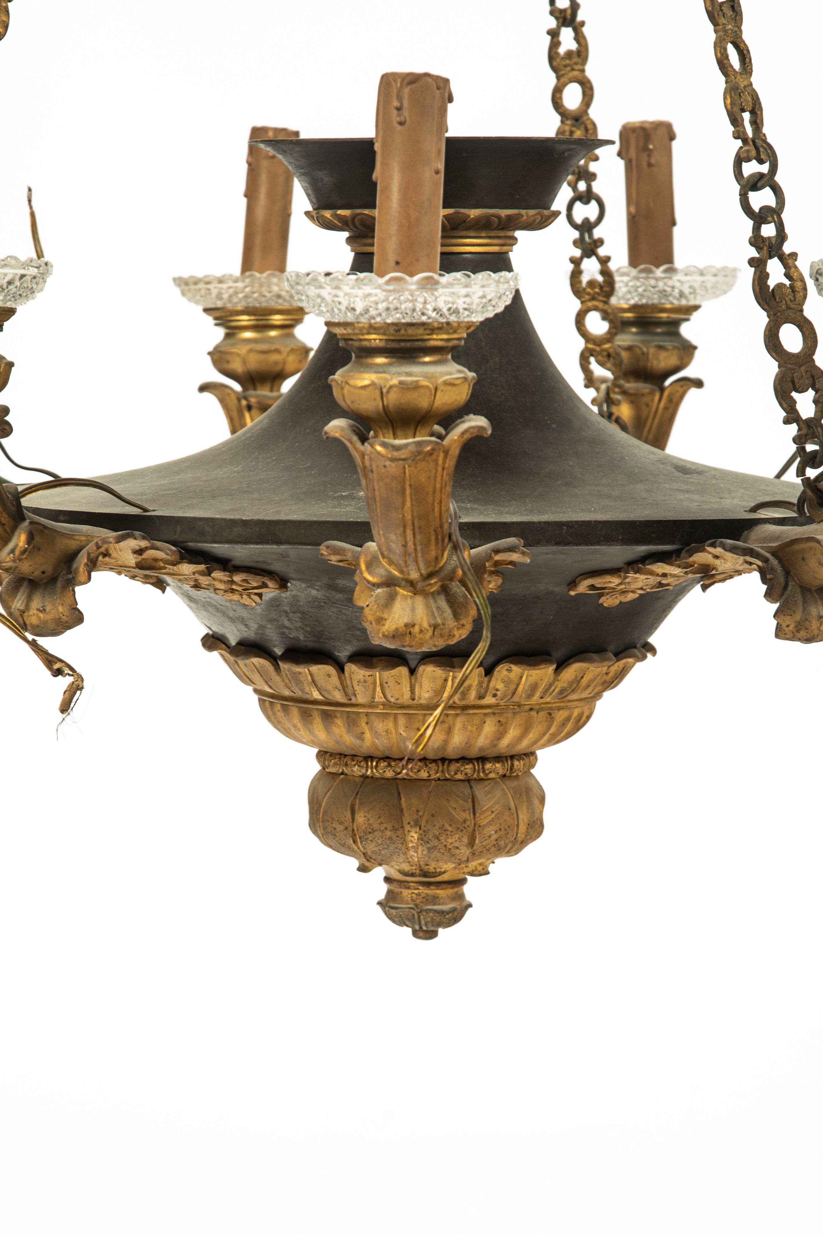 Lampadario a cesto, bronzo patinato e dorato, sec. XIX
