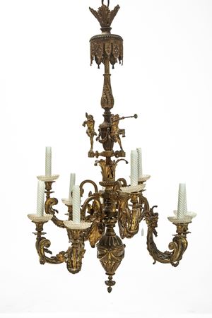 Lampadario in bronzo dorato a sei luci in stile Reggenza, fine secolo XIX/inizio secolo XX