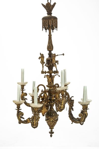 Lampadario in bronzo dorato a sei luci, stile Reggenza, fine XIX–inizio XX secolo