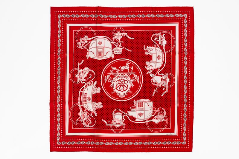 Hermès - Grygkar, Foulard «Ex Libris Bandana», seta su fondo rosso