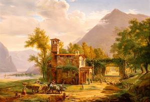 Paesaggio lacustre con abbazia, frati e pastori