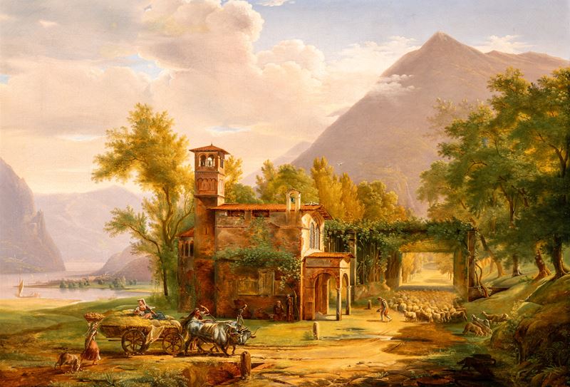 Scuola del Secolo XIX - Godard, Paesaggio lacustre con abbazia, frati e pastori
