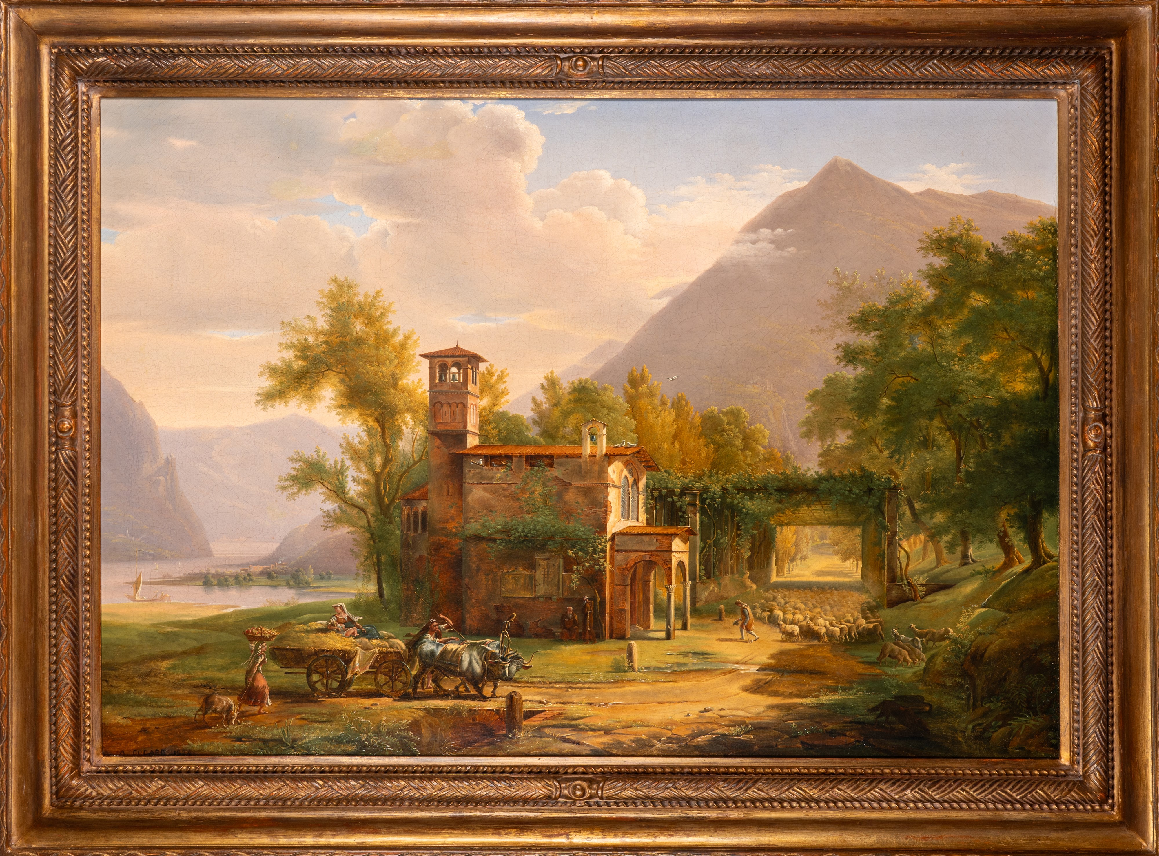 Scuola del Secolo XIX - Godard, Paesaggio lacustre con abbazia, frati e pastori