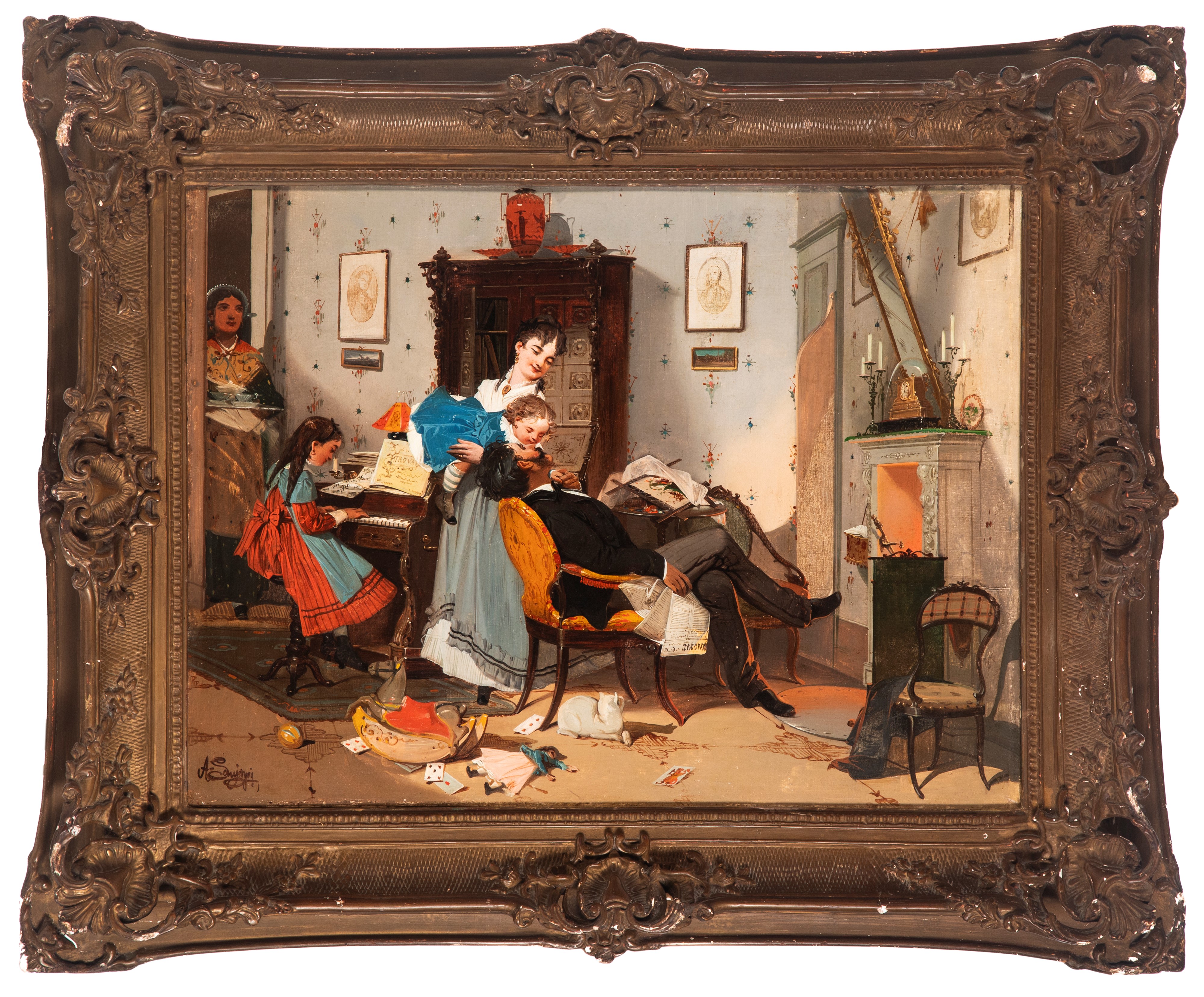 Achille Savoia - Scena di vita familiare in un interno, olio su tela