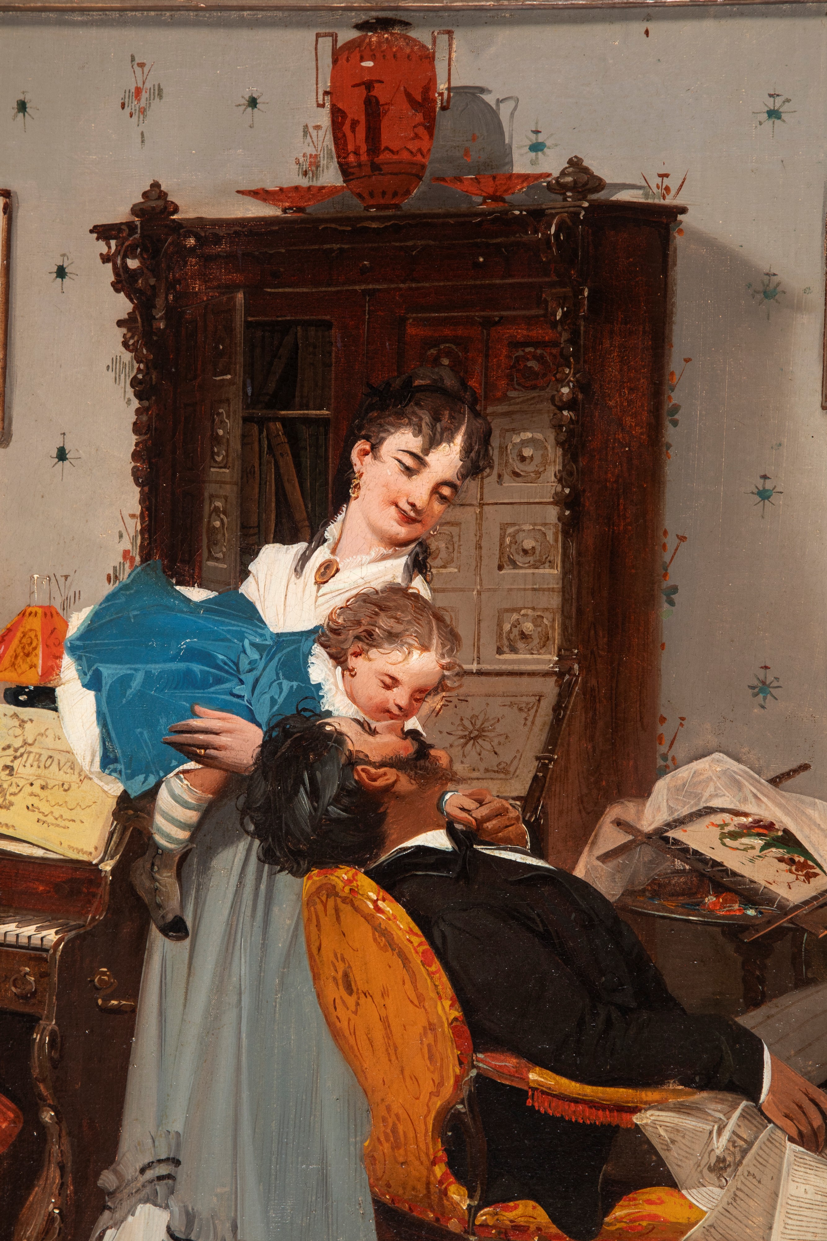 Achille Savoia - Scena di vita familiare in un interno, olio su tela