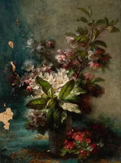 Vaso di fiori di pero, olio su tela