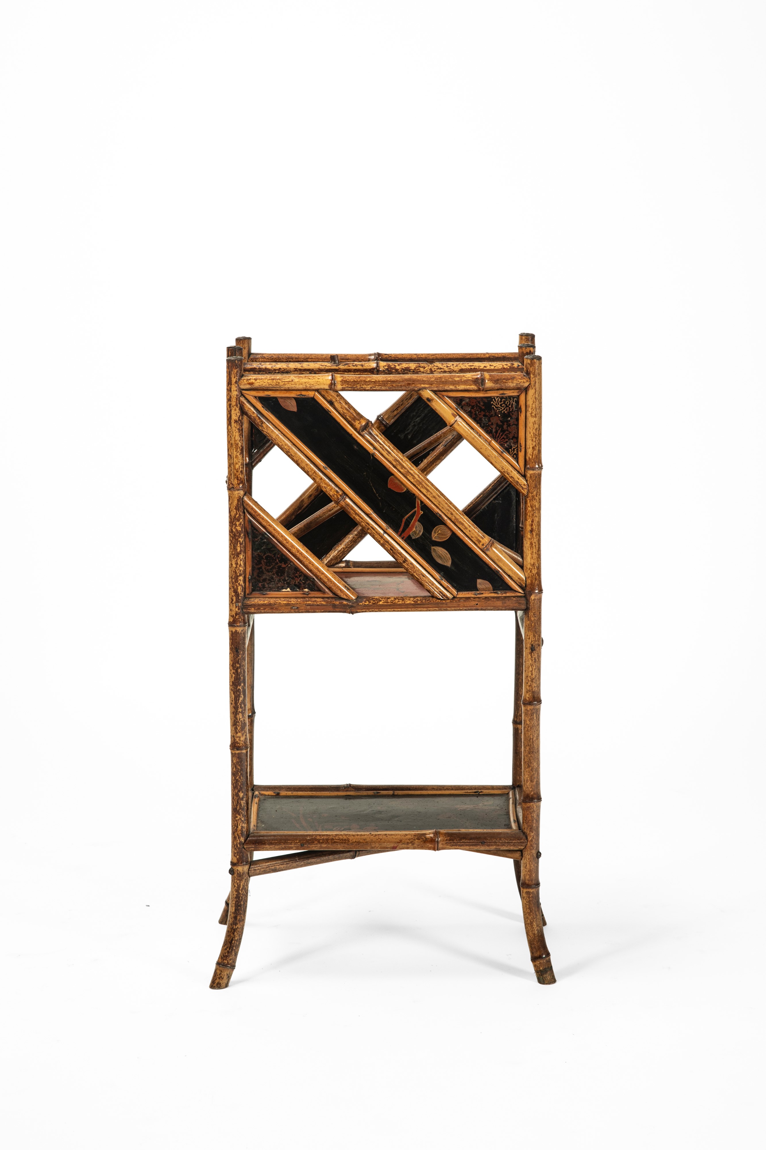 Porta riviste con ripiano in bambù e legno laccato decorato a uccelli e motivi floreali