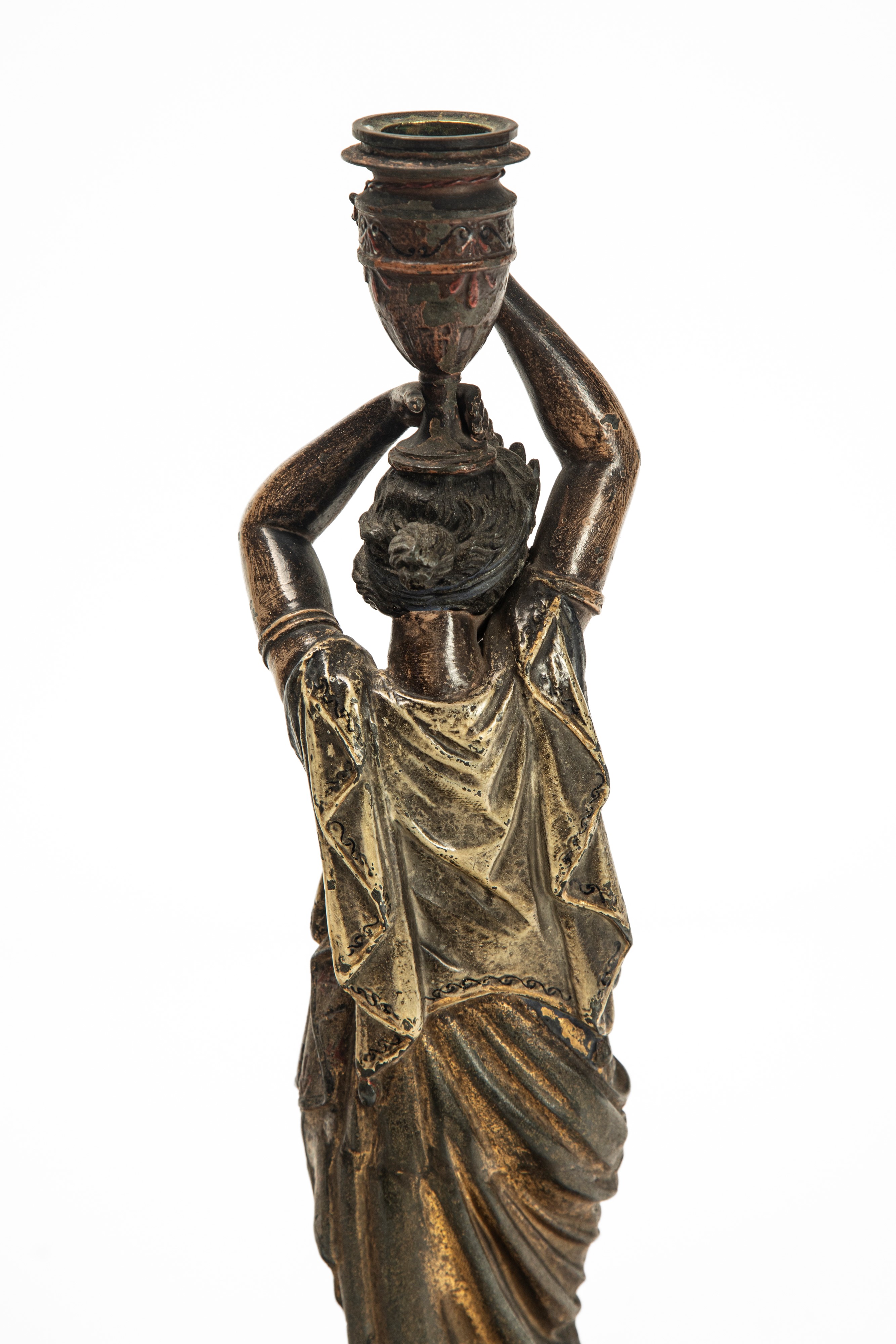 Coppia di candelieri a figure femminili panneggiate, metallo laccato (fine secolo XIX)