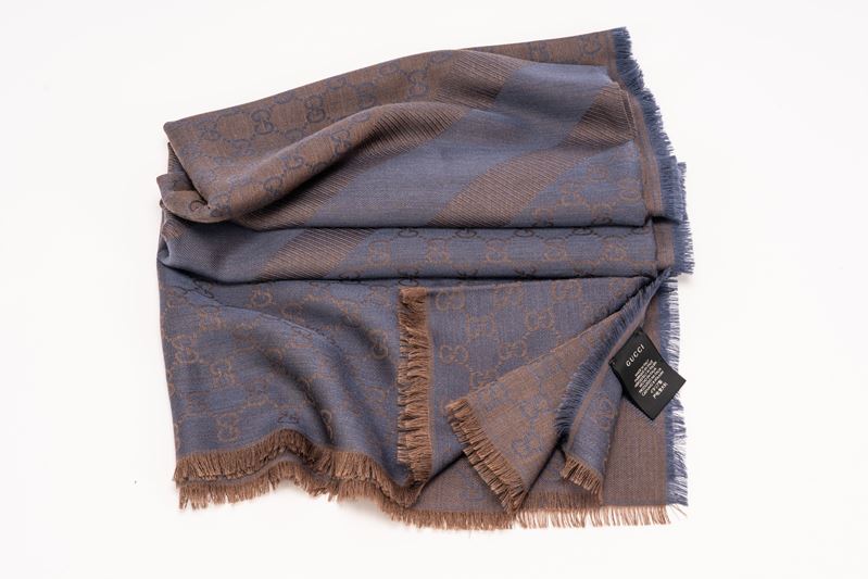 Gucci - Grand foulard, lana e seta blu e marrone