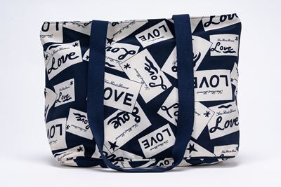 Borsa shopper in tessuto tecnico bianco e blu con stampa LOVE