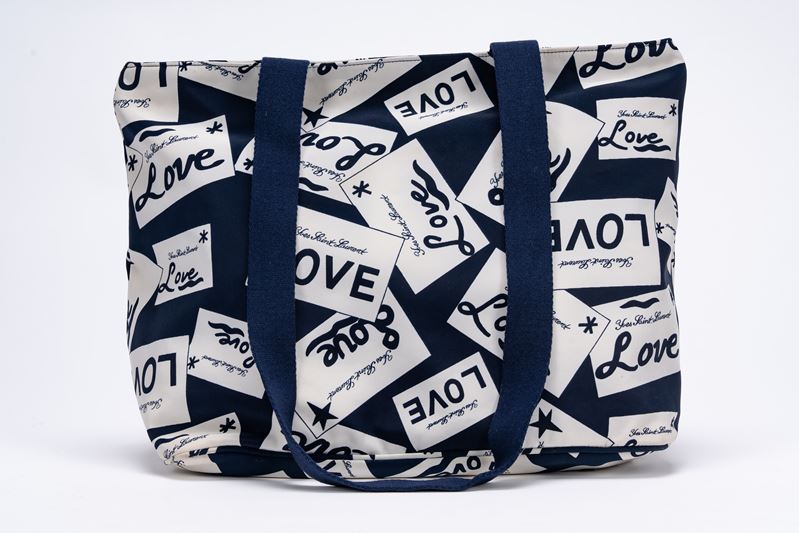 Yves Saint Laurent - Borsa shopper in tessuto tecnico bianco e blu con stampa LOVE