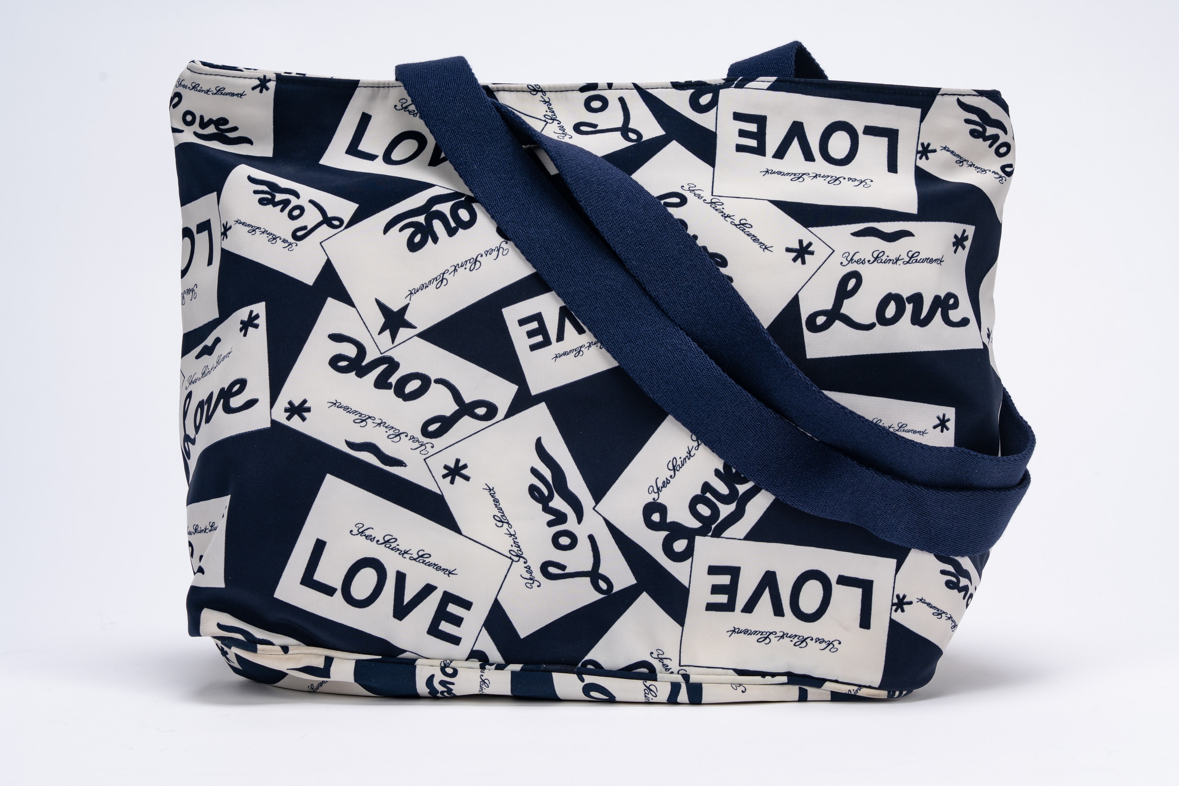 Yves Saint Laurent - Borsa shopper in tessuto tecnico bianco e blu con stampa LOVE