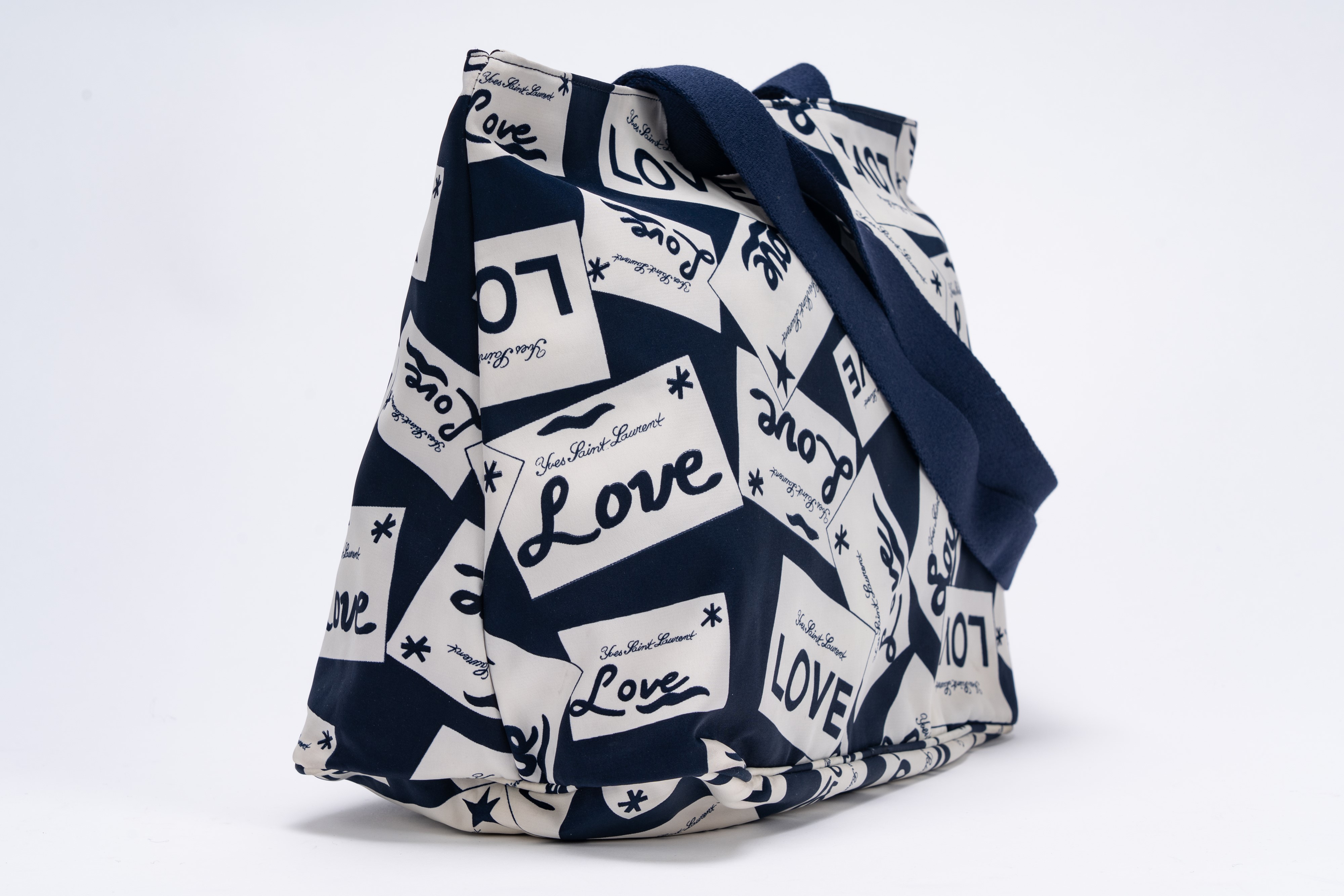 Yves Saint Laurent - Borsa shopper in tessuto tecnico bianco e blu con stampa LOVE