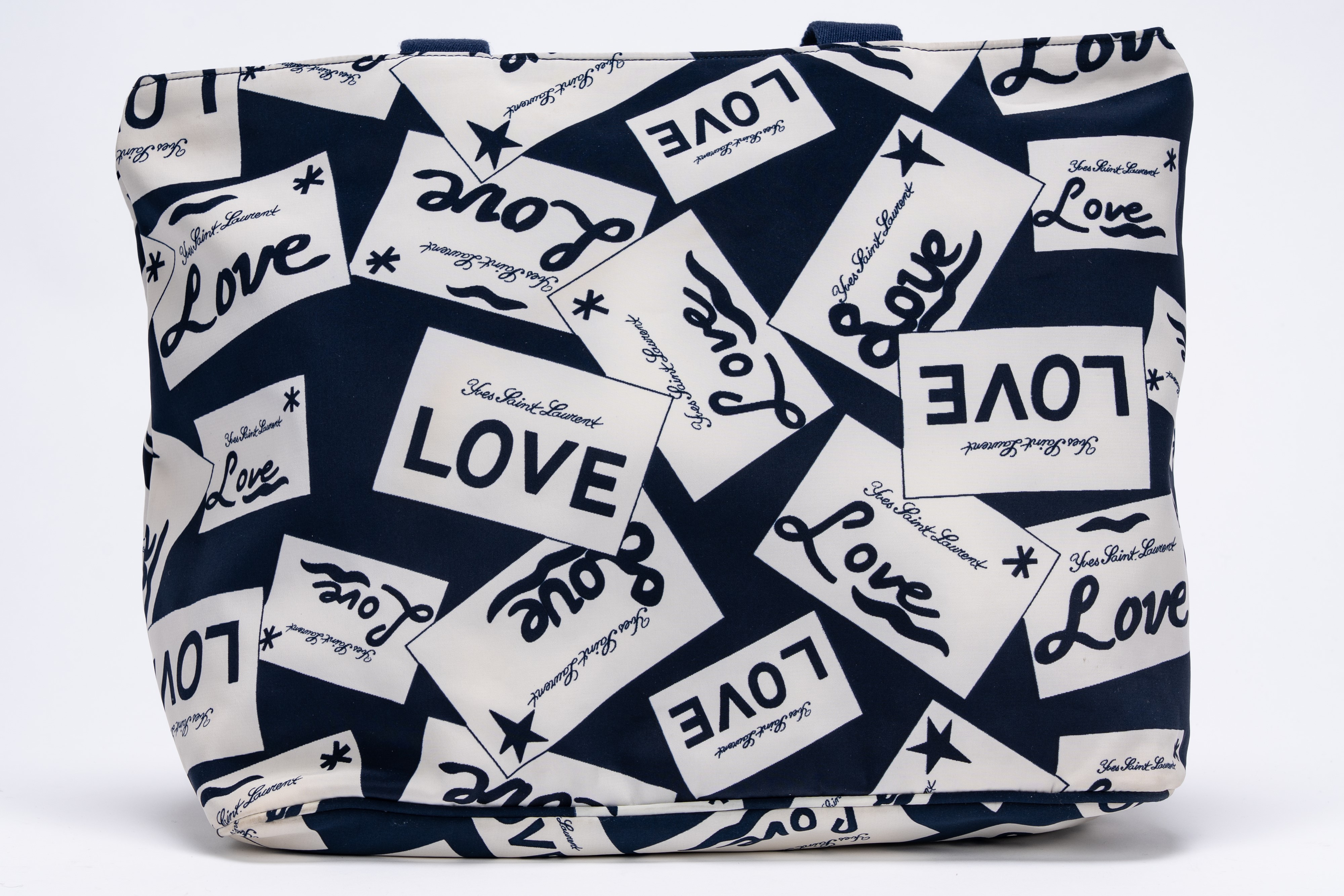 Yves Saint Laurent - Borsa shopper in tessuto tecnico bianco e blu con stampa LOVE