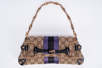 Borsa Horsebit, in tela monogrammata con fodera in pelle e dettagli in metallo dorato