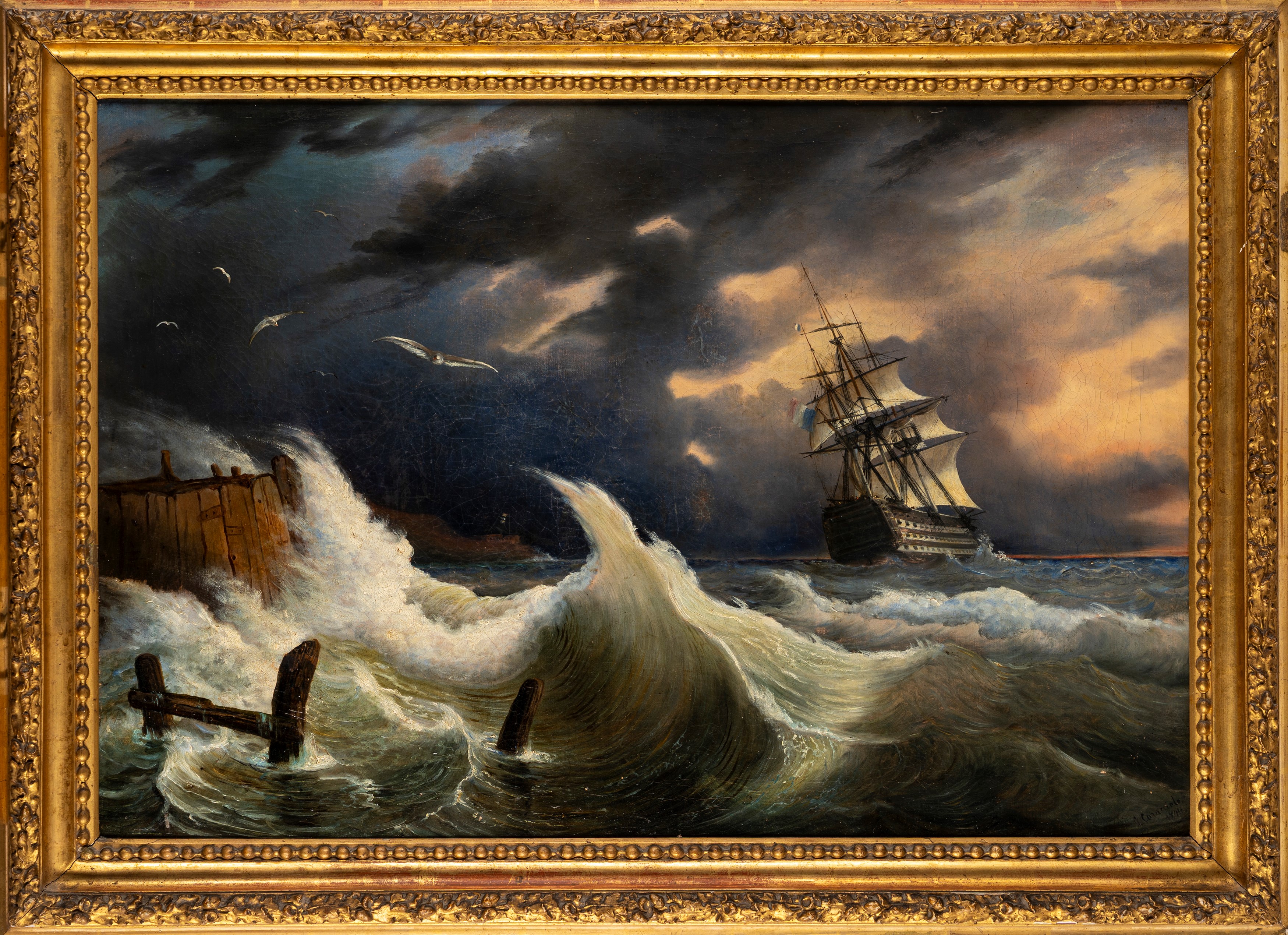 Scuola Napoletana, Metà del XIX Secolo - G. Caracciolo, Mare in burrasca (olio su tela), 1844