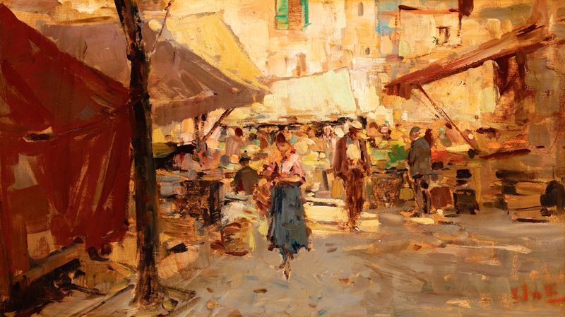 Vincenzo Irolli - Scena di mercato, olio su tavola