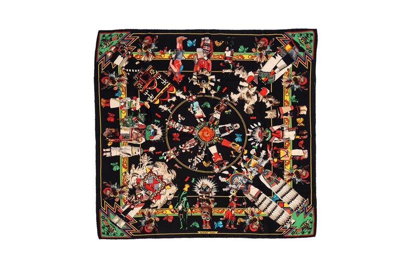 Hermès - Foulard Kachinas, seta, fondo nero, 1992