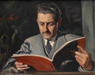 Ritratto di uomo che legge, olio su tela