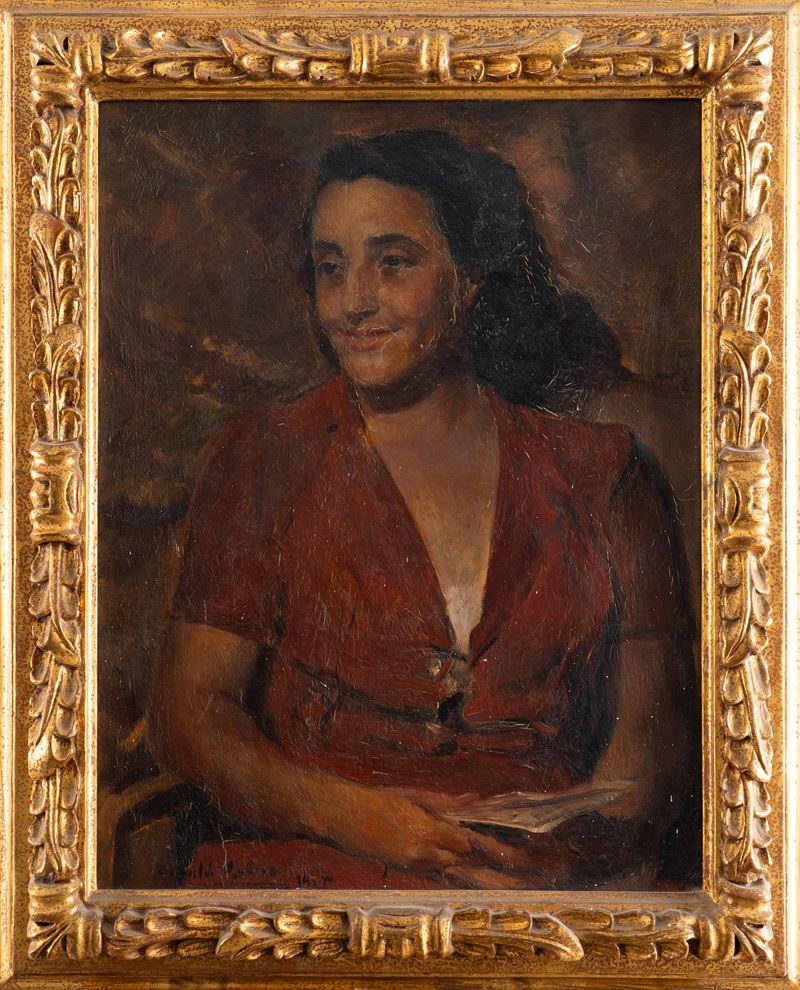 Rubens Capaldo - Ritratto di donna in abito rosso, olio su tavola