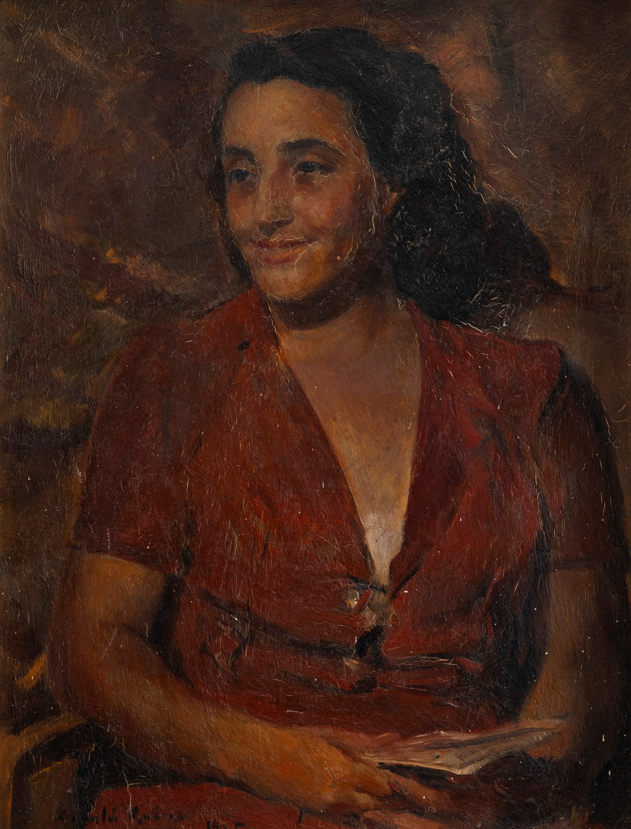 Rubens Capaldo - Ritratto di donna in abito rosso, olio su tavola