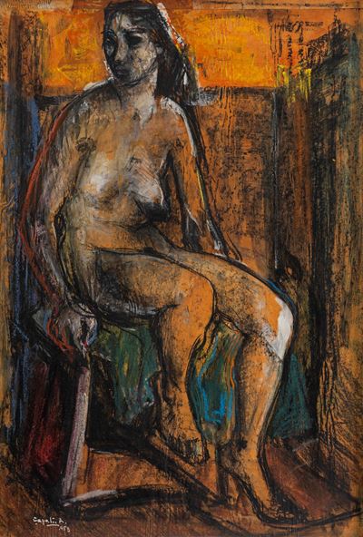 Nudo femminile (tecnica mista su carta riportata su masonite), 1958