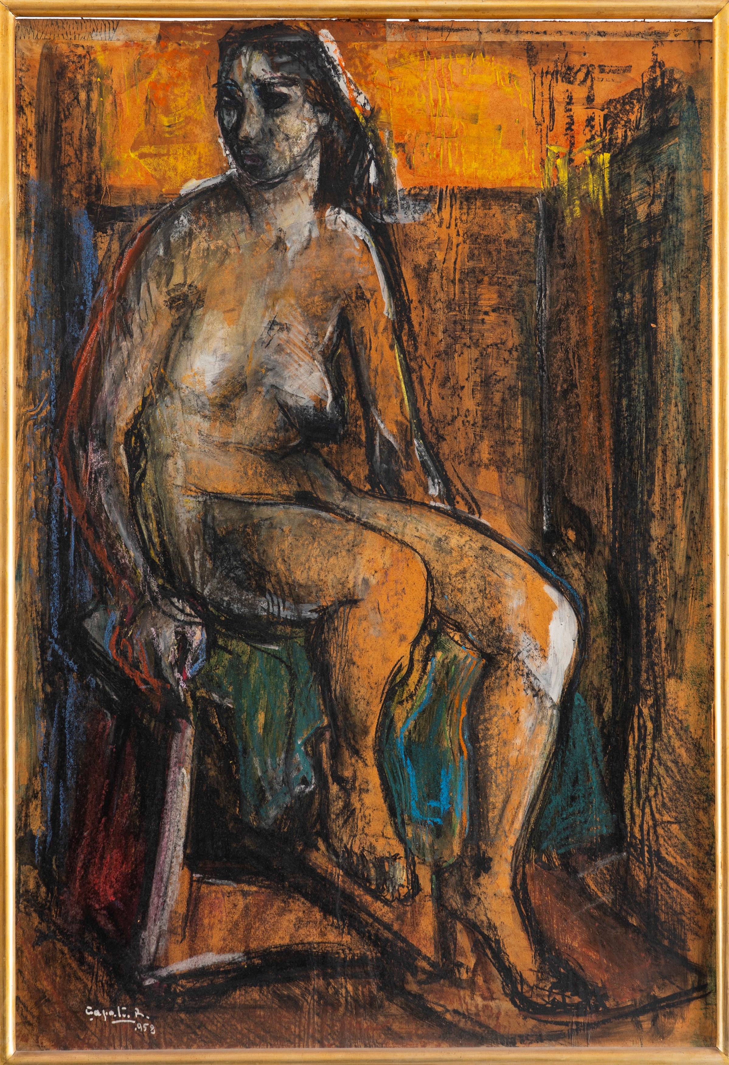 Rubens Capaldo - Nudo femminile (tecnica mista su carta riportata su masonite), 1958