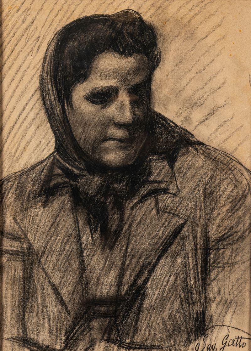 Saverio Gatto - Giovane donna con foulard in testa (carboncino su carta)