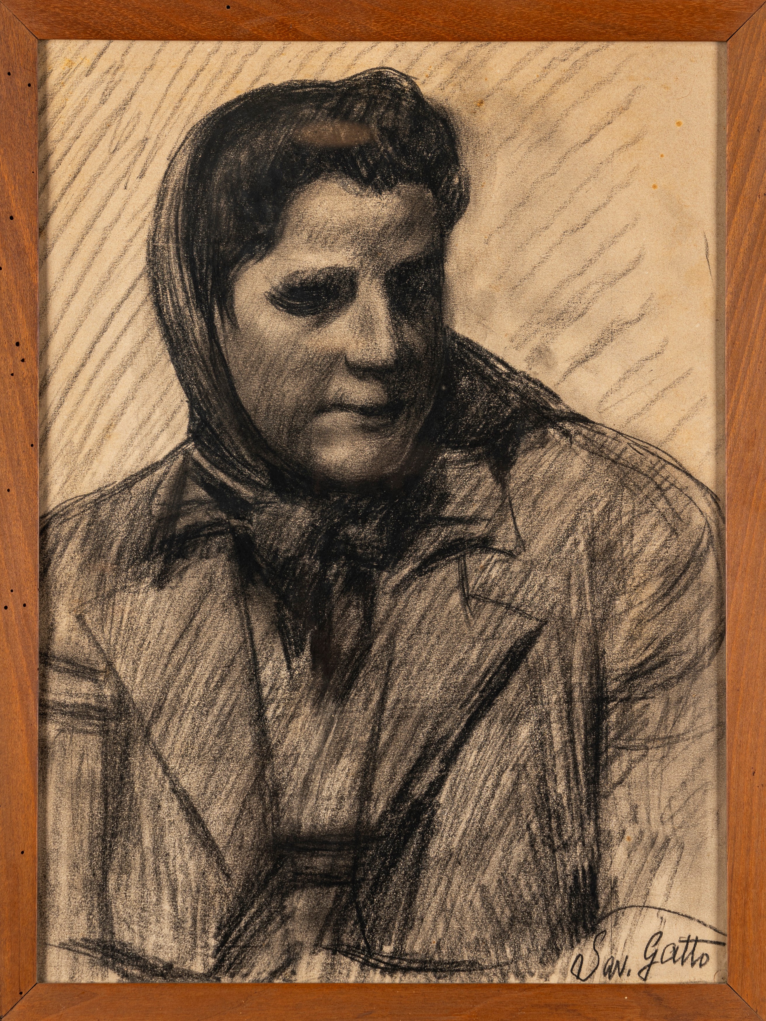 Saverio Gatto - Giovane donna con foulard in testa (carboncino su carta)
