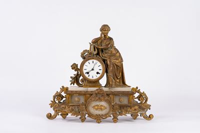 Pendola, bronzo dorato e alabastro, con figura femminile e quadrante a lira, fine secolo XIX