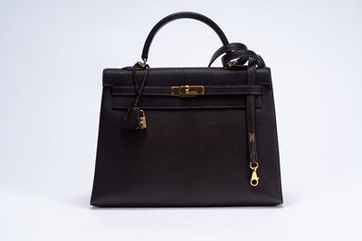 Borsa Kelly Sellier 35, pelle Chèvre de Coromandel color Chocolate, dettagli in metallo dorato (2...