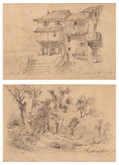 A. Morbelli, Veduta di cascinale con figure; paesaggio (coppia di disegni a matita)