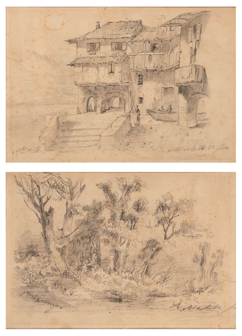 Scuola Italiana, Secolo XIX - A. Morbelli, Veduta di cascinale con figure; paesaggio (coppia di d...