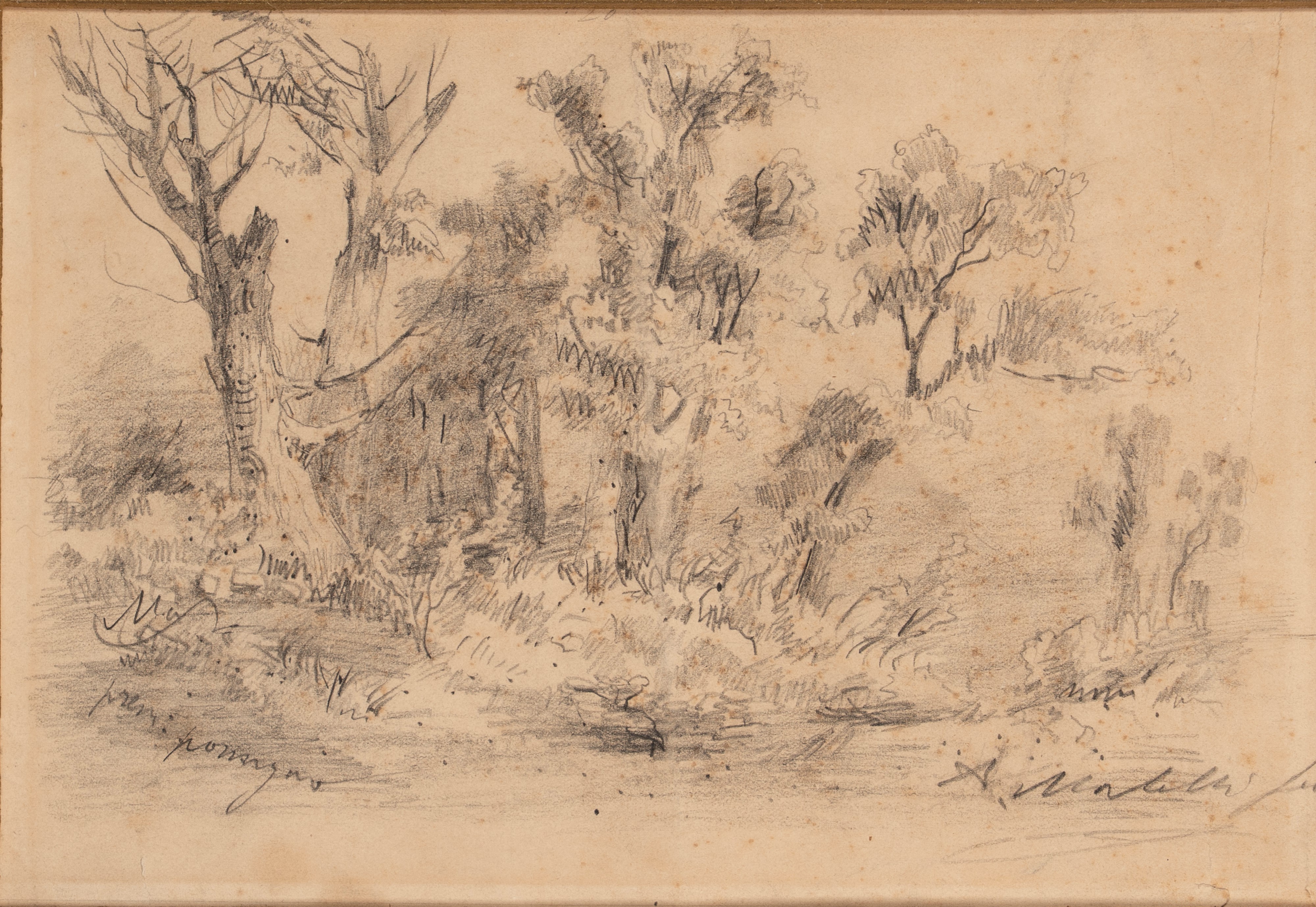 Scuola Italiana, Secolo XIX - A. Morbelli, Veduta di cascinale con figure; paesaggio (coppia di d...