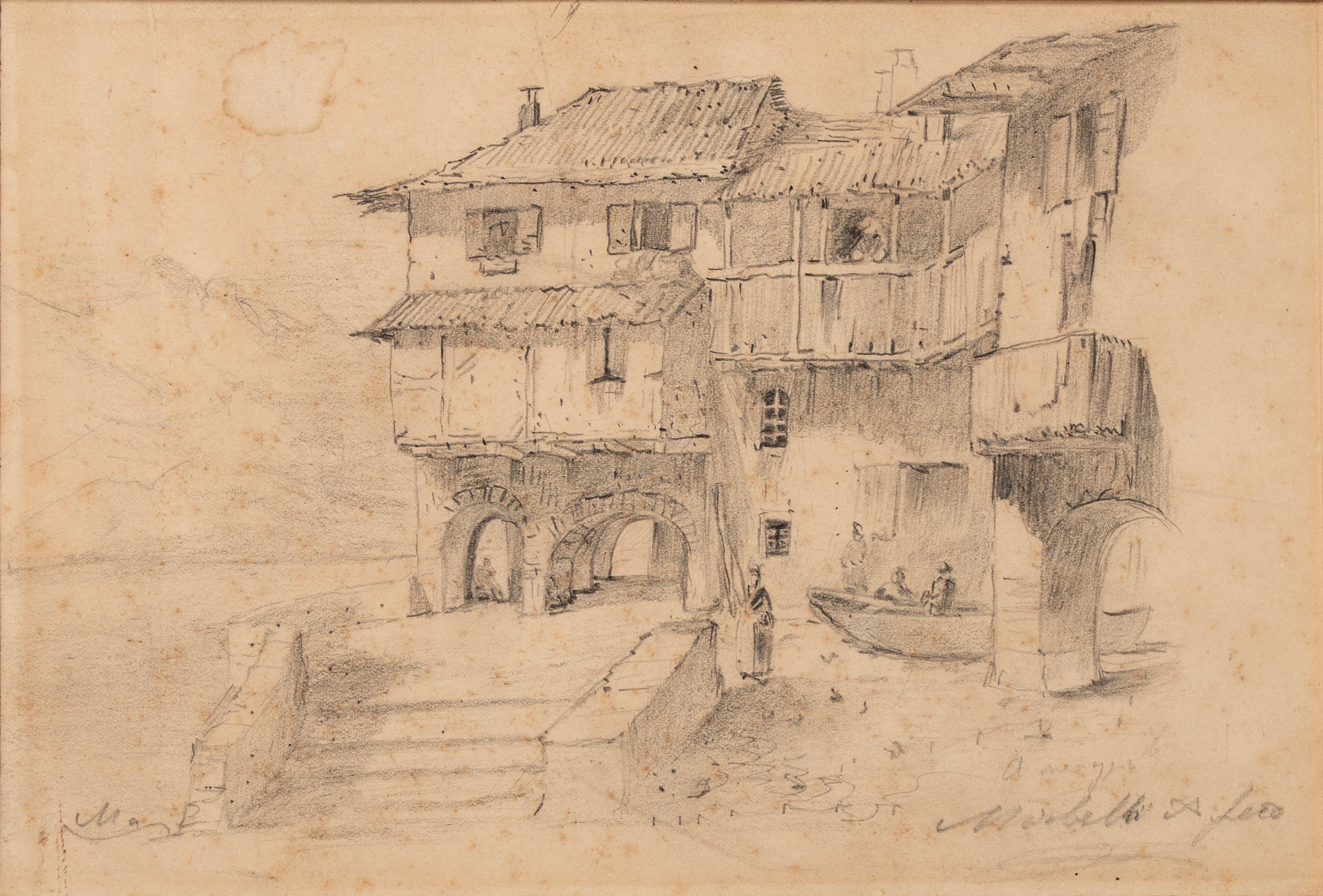 Scuola Italiana, Secolo XIX - A. Morbelli, Veduta di cascinale con figure; paesaggio (coppia di d...