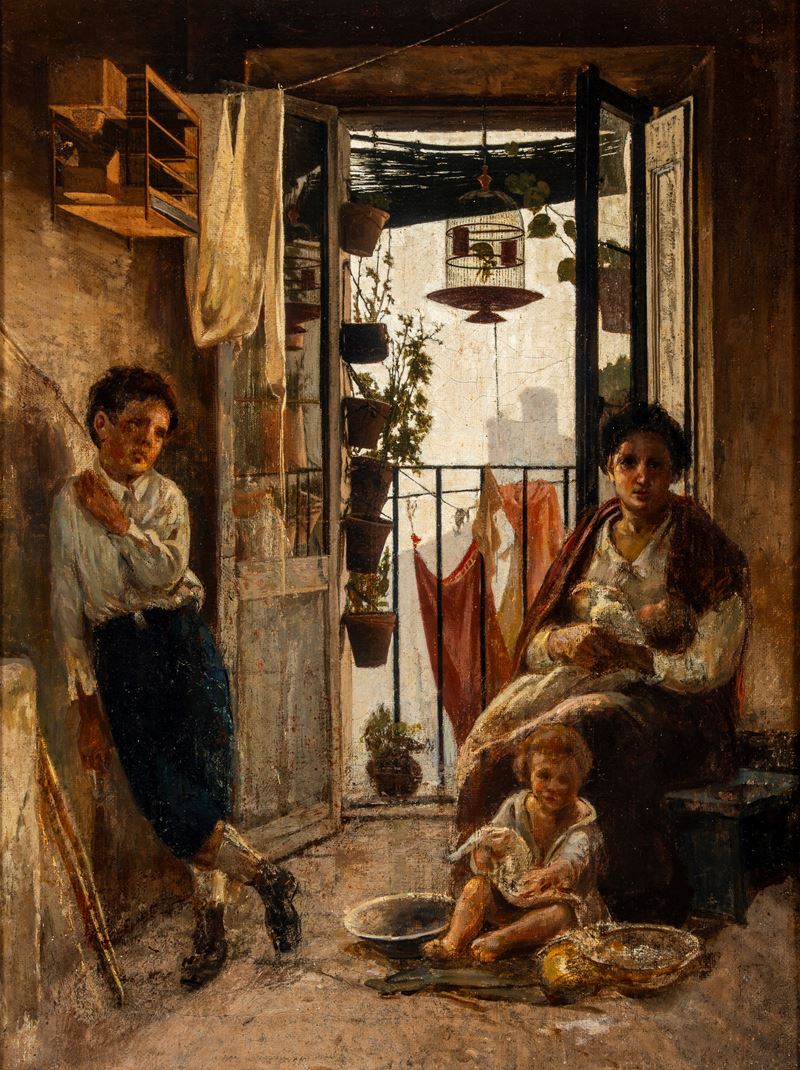 Scuola Italiana, Secolo XIX - Interno con figure, olio su tela