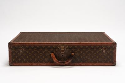 Valigia Alzer, tela monogrammata con profili in cuoio e dettagli in ottone