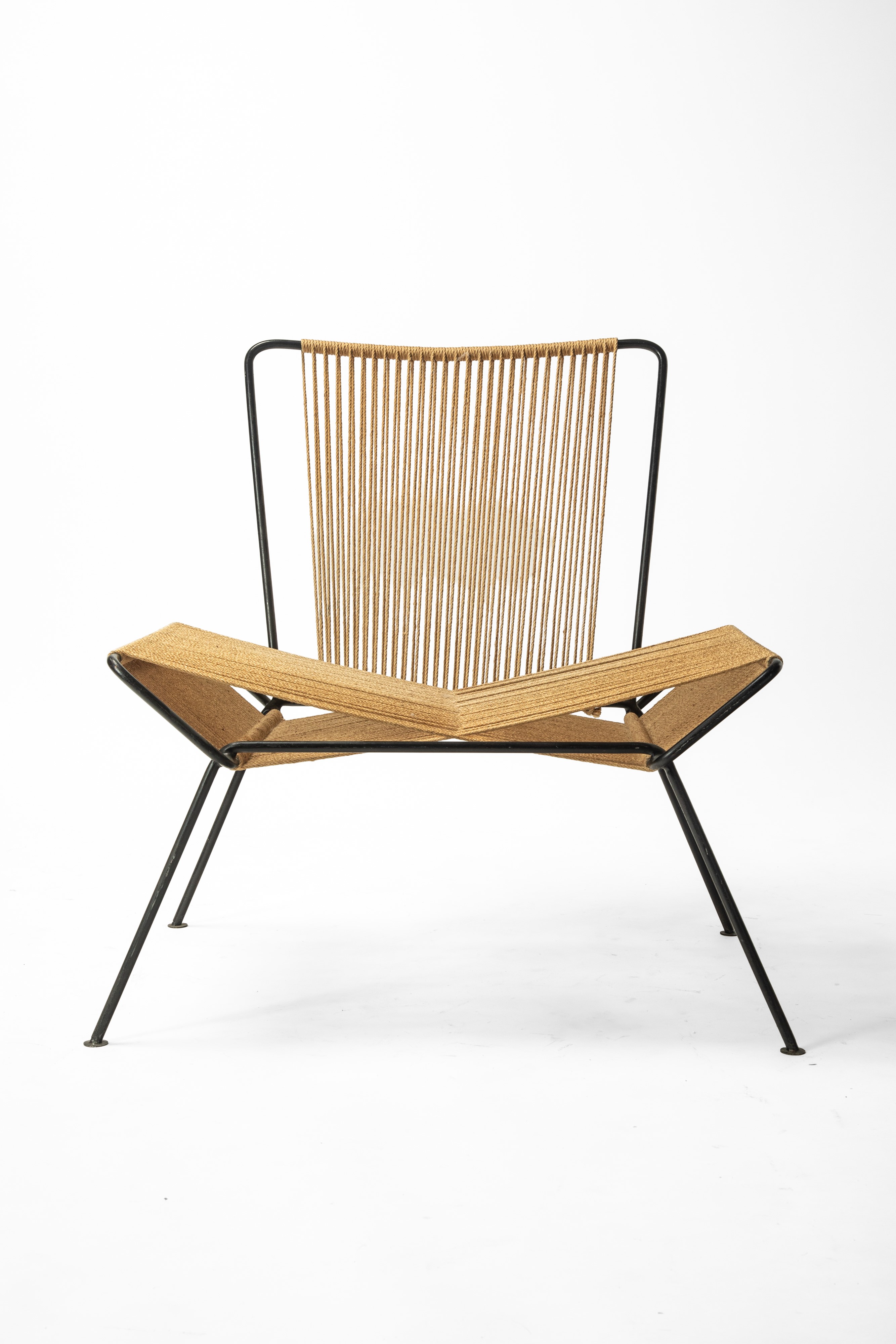 Manifattura Italiana - Coppia di lounge chairs con struttura in metallo e corda intrecciata, con ...