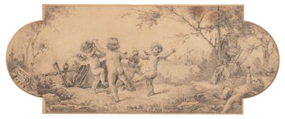 Gioco di putti, matita grigia su carta sagomata